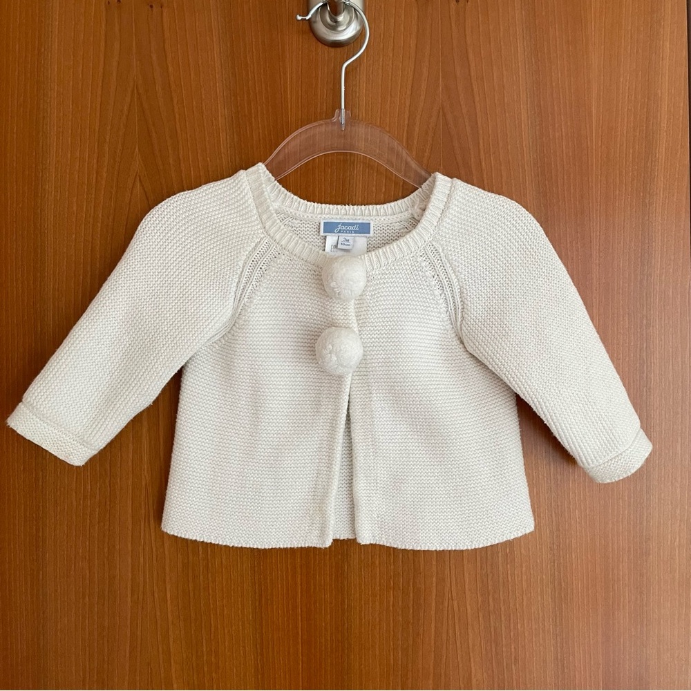 Jacadi 3m White Cardigan with Pom Pom Buttons
